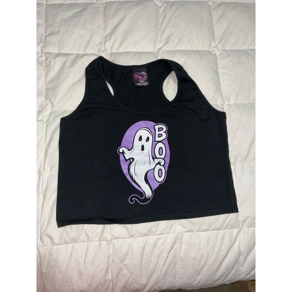 Too Fast Boo Ghost Crop Tank Top Black Purple Halloween Goth Racerback Womens